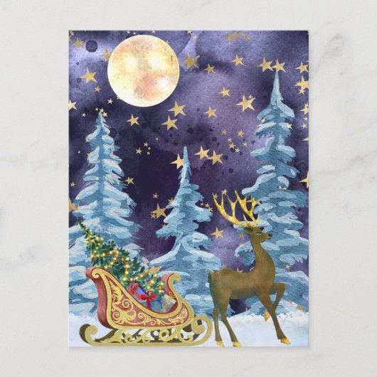 Full Moon Over Reindeer With Sleigh Postkarte (Vorderseite)
