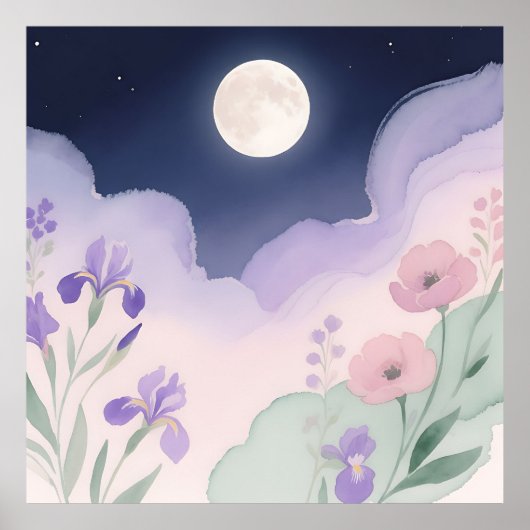 Full Moon Watercolor Iris Floral Night Poster (Vorne)