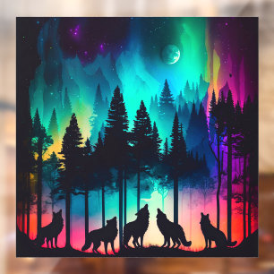 Full Moon Wolf Pack Howling Northern Lights Fensteraufkleber