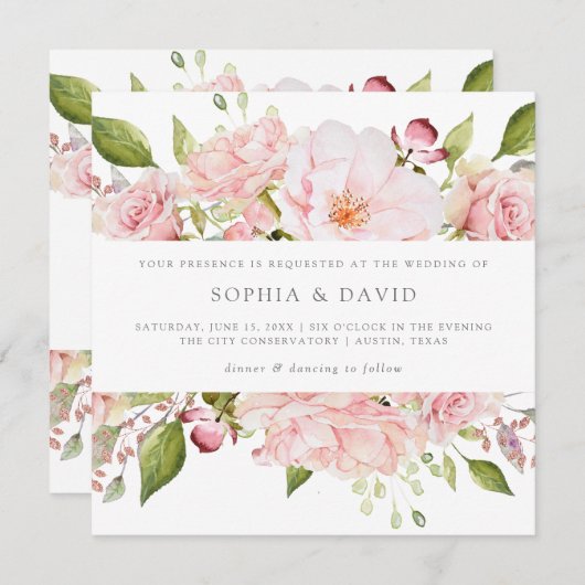 Fülle Rose | Elegante Rosa Blumenhochzeit Einladung (Vorne/Hinten)