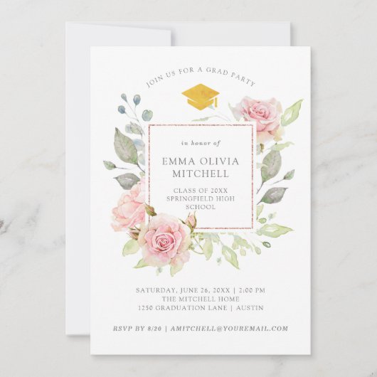 Fülle Rose | Pink Floral Graduation Party Einladung (Vorderseite)