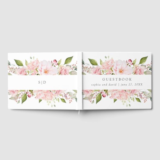 Fülle Rose | Rosa Blumenhochzeit auf Weiß Gästebuch (Voll)