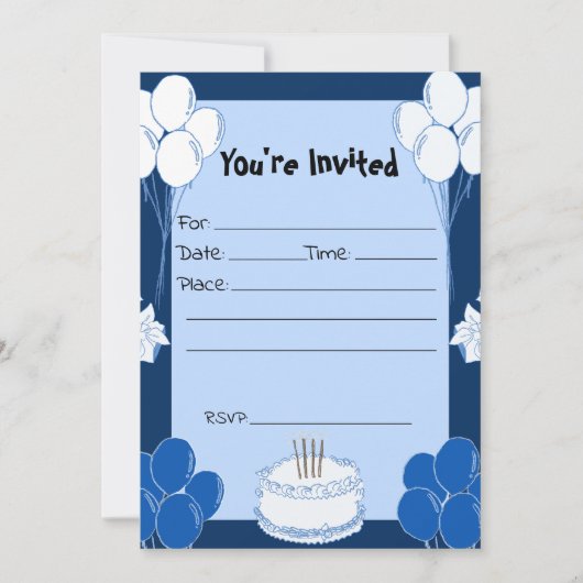 Füllen Sie die Blank Birthday Blue Einladung. Einladung (Vorderseite)