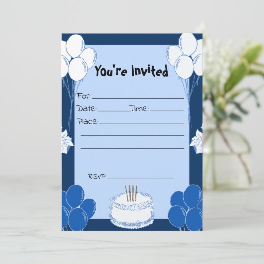 Füllen Sie die Blank Birthday Blue Einladung. Einladung (Stehend Vorderseite)