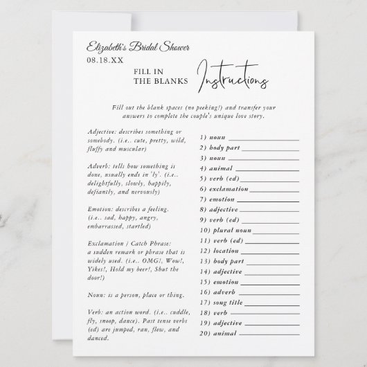 Füllen Sie die Liebe der Leerzeichen aus. | Brautp Karte (Rückseite)