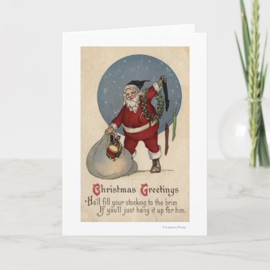 Füllender Strumpf Sankt zum Rand Feiertagskarte (Vorderseite)