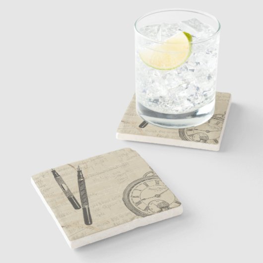 Füllhalter und Watchface mit Notizen Steinuntersetzer (Seitenansicht)