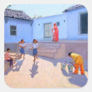 Füllung von Wassereimern Rajasthan Indien Quadratischer Aufkleber