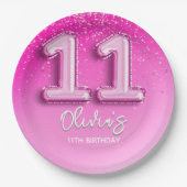 Fun 11th Birthday Girl Pink Number Balloon Pappteller (Vorderseite)