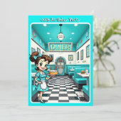 Fun 1950s Retro Diner Birthday Cake Aqua Einladung (Stehend Vorderseite)