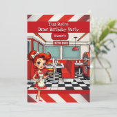 Fun 1950s Retro Diner Birthday Party Red White Einladung (Stehend Vorderseite)