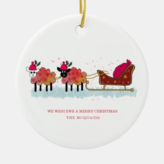 Fun 2 Schafe ziehen Santas-Schlitten Keramik Ornament (Vorne)