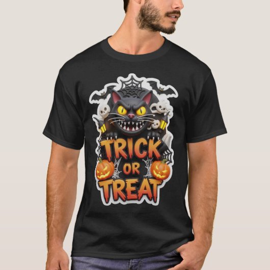 Fun 3D Halloween graphic with spooky black cat pum T-Shirt (Vorderseite)
