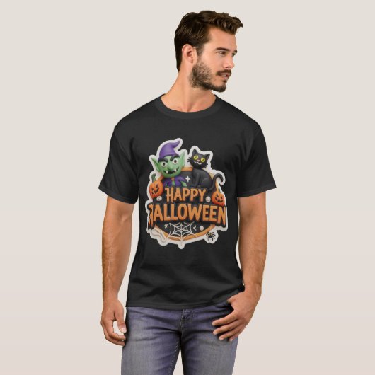 Fun 3D Happy Halloween sign with goblin black cat  T-Shirt (Vorne ganz)