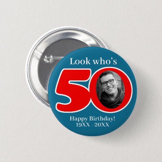 Fun 50. rot & blau fügen Sie Ihr eigenes Foto und Button (Vorne & Hinten)