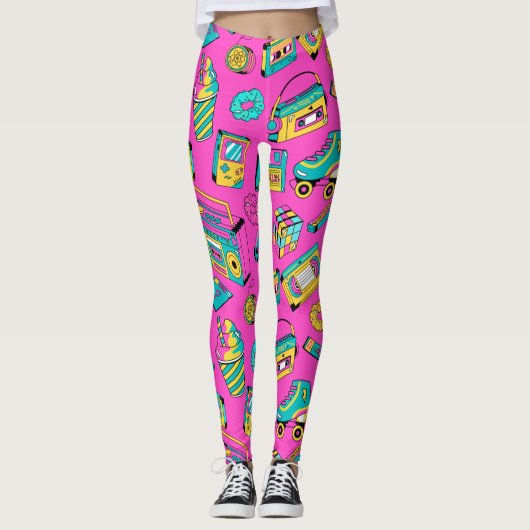 Fun 80er Girly farbenfroh Retro Bright Neon Pink Leggings (Vorderseite)