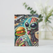 Fun Alien Eating Cheeseburger Encaustic Collage Postkarte (Stehend Vorderseite)
