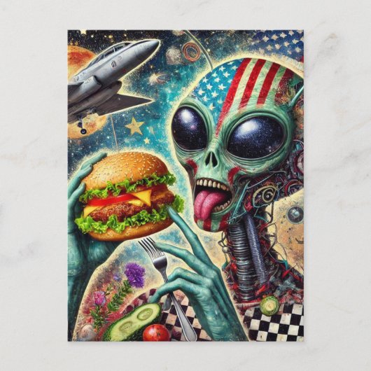 Fun Alien Eating Cheeseburger Encaustic Collage Postkarte (Vorderseite)