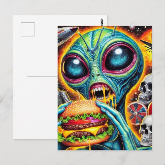 Fun Alien Eating Cheeseburger Postkarte (Vorne/Hinten)