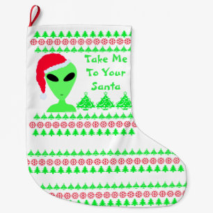 Fun Alien Santa Red Snowflakes Grüne Bäume LGM Großer Weihnachtsstrumpf