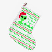 Fun Alien Santa Red Snowflakes Grüne Bäume LGM Großer Weihnachtsstrumpf (Vorderansicht (hängend))