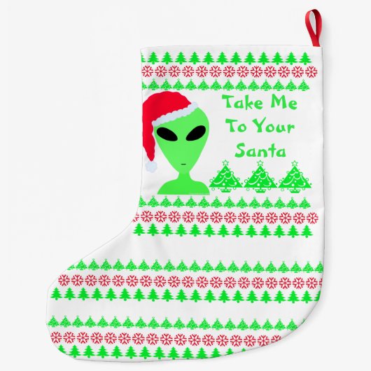 Fun Alien Santa Red Snowflakes Grüne Bäume LGM Großer Weihnachtsstrumpf (Rückseite)