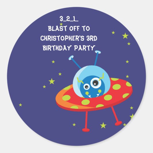 Fun alien ufo spaceship boy birthday party sticker (Vorderseite)