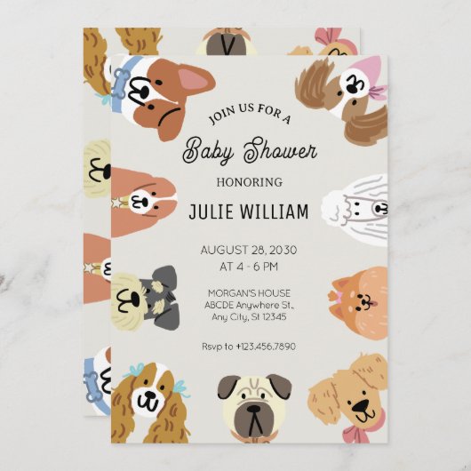 Fun alle Arten von Hunden Kopf Baby Dusche Einladung (Vorne/Hinten)