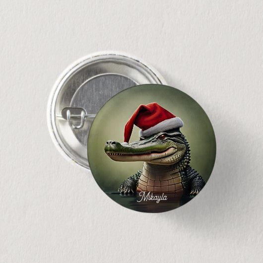 Fun Alligator in der Weihnachtsmannmütze Button (Vorne & Hinten)