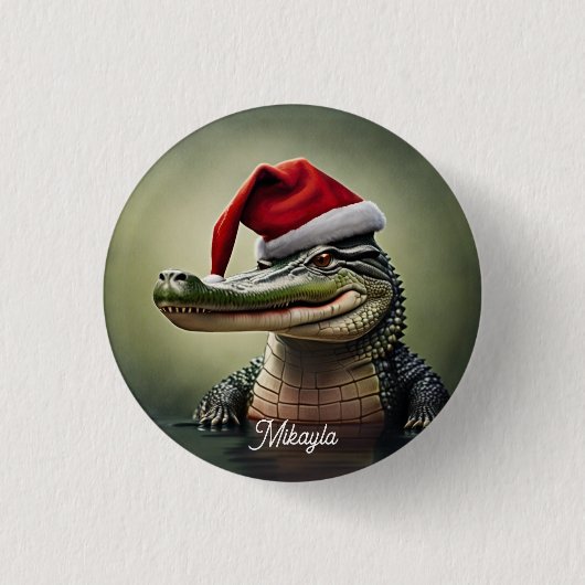 Fun Alligator in der Weihnachtsmannmütze Button (Vorderseite)