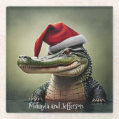 Fun Alligator in der Weihnachtsmannmütze Glasuntersetzer (Vorderseite)