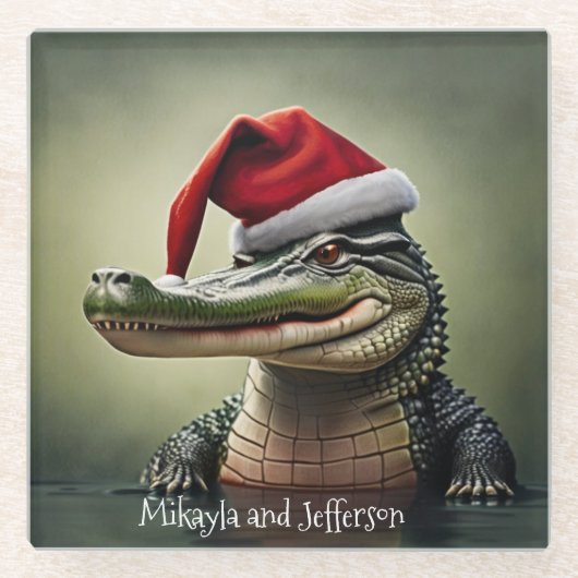 Fun Alligator in der Weihnachtsmannmütze Glasuntersetzer (Vorderseite)
