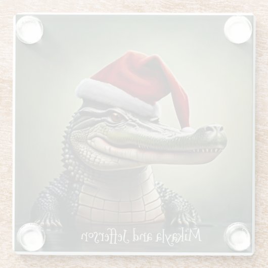 Fun Alligator in der Weihnachtsmannmütze Glasuntersetzer (Rückseite)