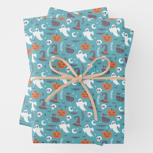 Fun Aquamarin Doodle Halloween Muster Geschenkpapier Set (Beispiel)
