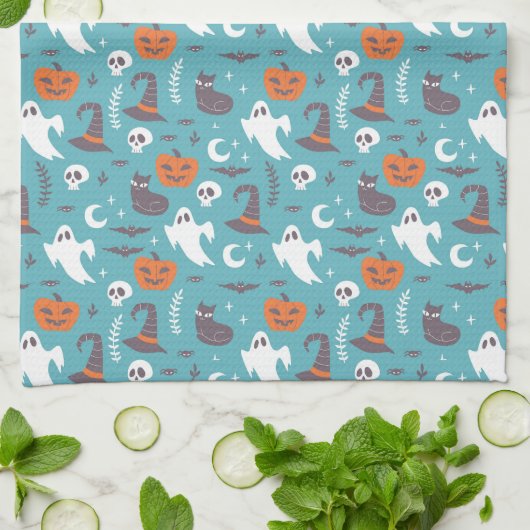 Fun Aquamarin Doodle Halloween Muster Geschirrtuch (Gefaltet)