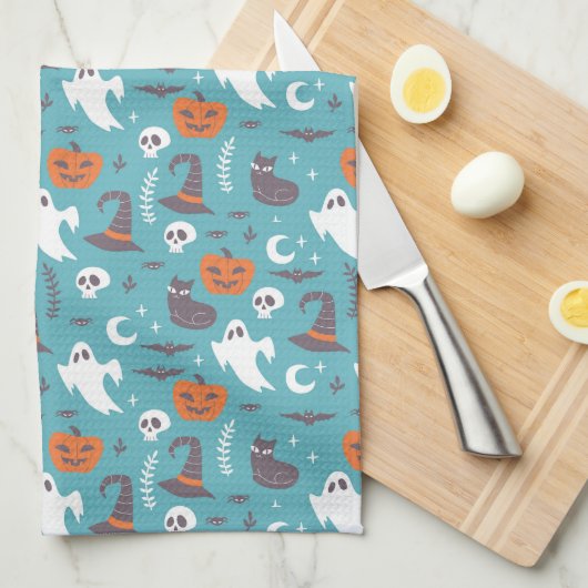 Fun Aquamarin Doodle Halloween Muster Geschirrtuch (Viertel Falte)