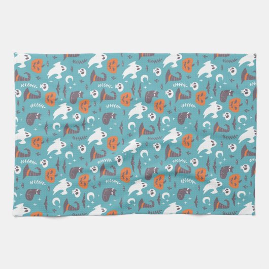 Fun Aquamarin Doodle Halloween Muster Geschirrtuch (Horizontal)