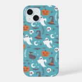 Fun Aquamarin Doodle Halloween Muster iPhone 15 Hülle (Rückseite)