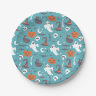 Fun Aquamarin Doodle Halloween Muster Pappteller