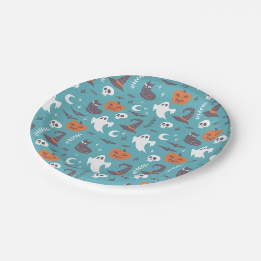 Fun Aquamarin Doodle Halloween Muster Pappteller (Schrägansicht)