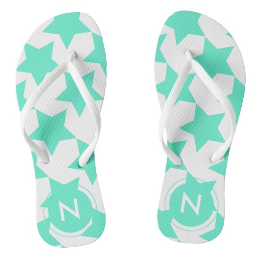 Fun Aquamarin Stars Muster Mit Monogramm Flip Flop Badesandalen (Fußbett)