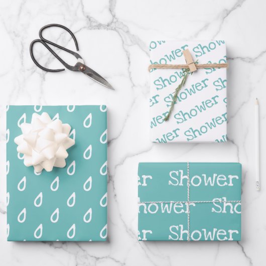 Fun Aquamarin & White SHOWER koordiniert Geschenkpapier Set (Vorderseite)