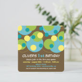 Fun Aquamarine Bubbly Dots Foto Junge 1. Geburtsta Einladung (Stehend Vorderseite)
