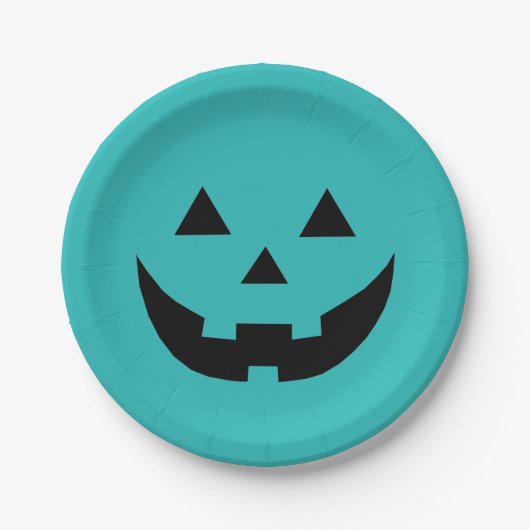 Fun aquamarine Kürbislaterne Kürbisgesicht Hallowe Pappteller (Vorderseite)