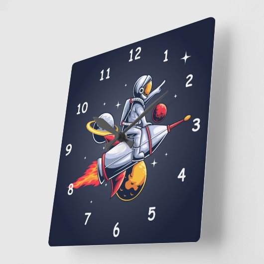 Fun Astronaut fliegt durch die Weltraumdarstellung Quadratische Wanduhr (Winkel)