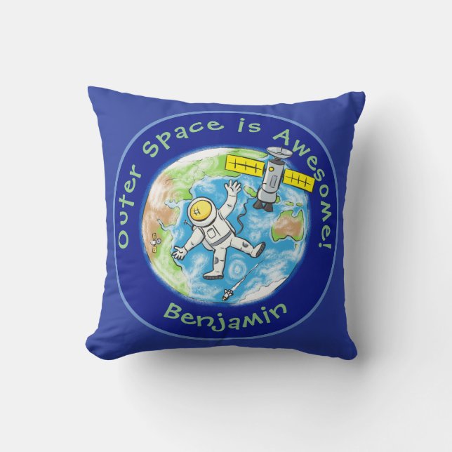 Fun Astronaut mit Satellit über Cartoon Kissen (Vorderseite)
