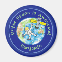 Fun Astronaut mit Satellit über Cartoon
