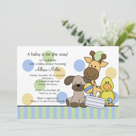 Fun Baby Animals Boy Baby Dusche Einladung (Stehend Vorderseite)
