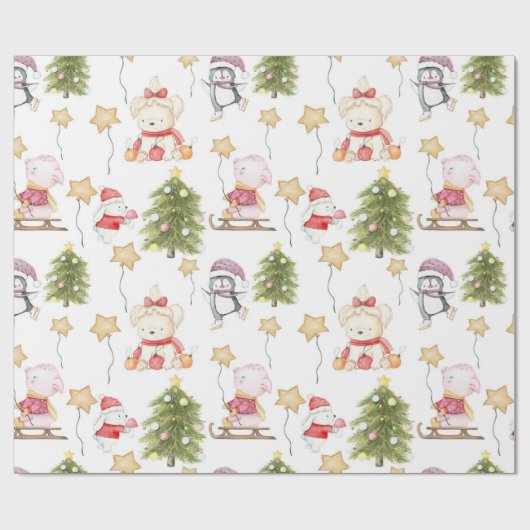 Fun Baby Animals Stars Trees Weihnachten Geschenkpapier (Flach)