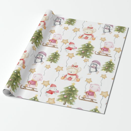 Fun Baby Animals Stars Trees Weihnachten Geschenkpapier (Ungerollt)